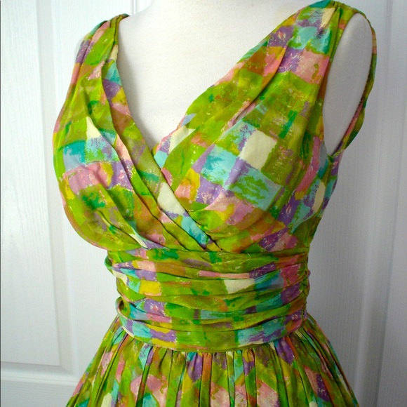Vintage GREEN+Purple Surplice Bust Dance Dress XS - Picture 2 of 11